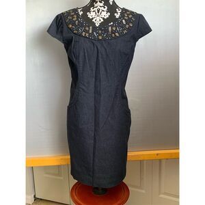 Dressbarn Petite Beaded Sheath‎ Dress Blue Knee Length Size 12P Short Sleeve